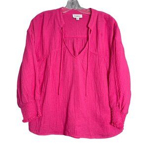 Evereve Eleanor Smocked‎ Gauze Top Women's M Tie Hot Pink V Neck Tie Blouse